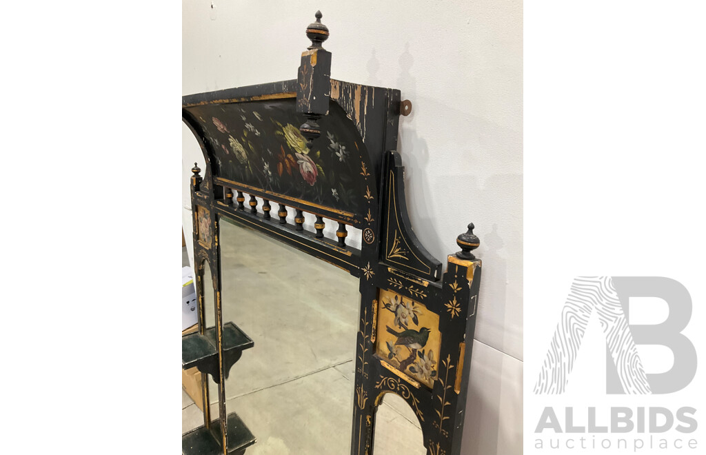 Ebonised and Gilt Handpainted Mantel Mirror with Shelves 