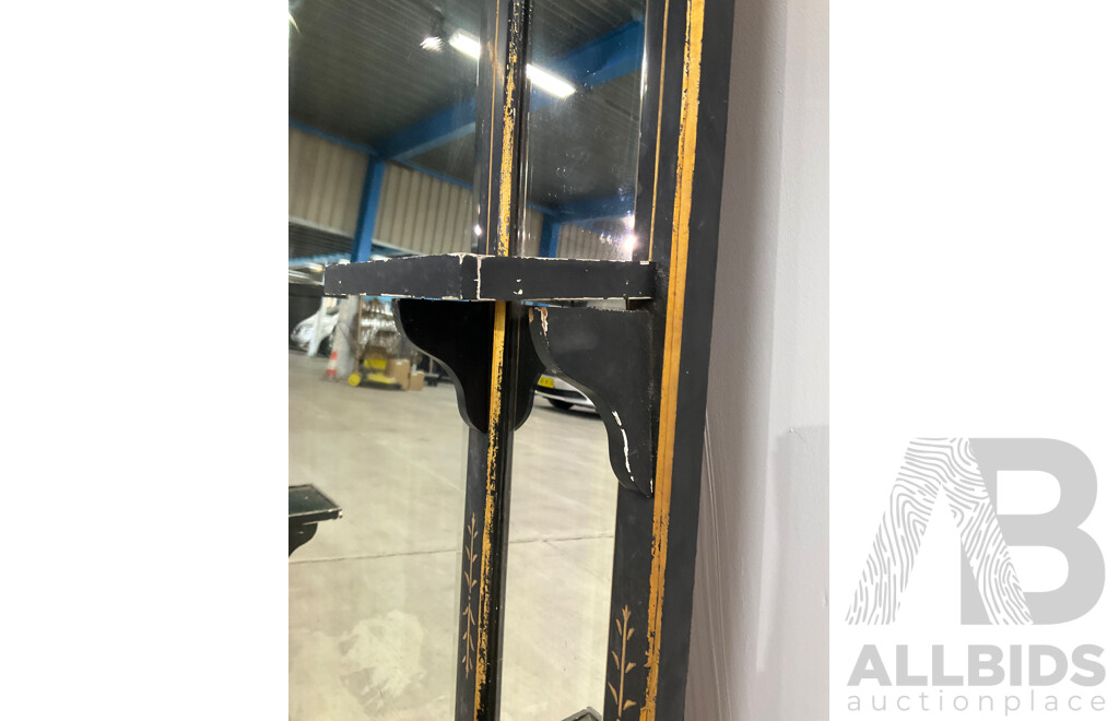 Ebonised and Gilt Handpainted Mantel Mirror with Shelves 