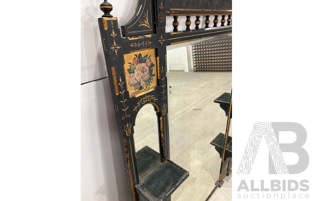 Ebonised and Gilt Handpainted Mantel Mirror with Shelves 