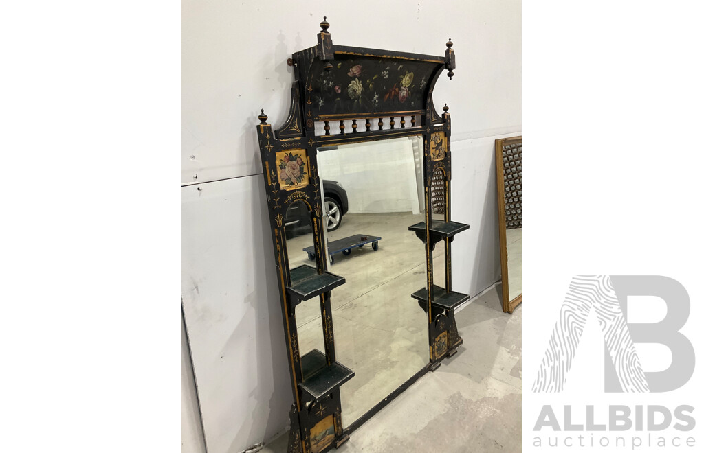 Ebonised and Gilt Handpainted Mantel Mirror with Shelves 