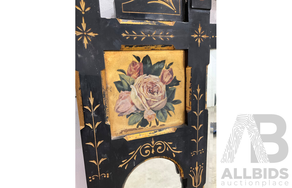 Ebonised and Gilt Handpainted Mantel Mirror with Shelves 