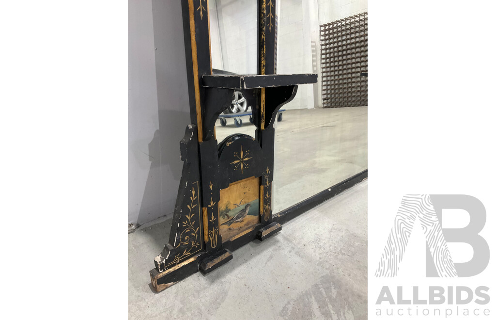 Ebonised and Gilt Handpainted Mantel Mirror with Shelves 