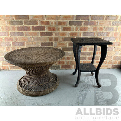 Japanese Carved Arts and Crafts Side Table, Vintage Rattan Waisted Drum Side Table