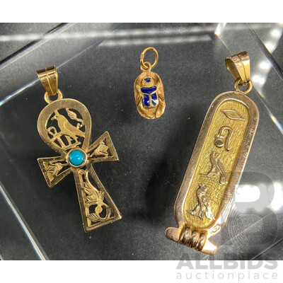 Vintage Double Sided Egyptian Cartouche Pendant, Egyptian Ankh Cross Key of Life Pharaonic Alphabet Gold Pendant and Lapis Lazuli Scarab Necklace - Lot of 3
