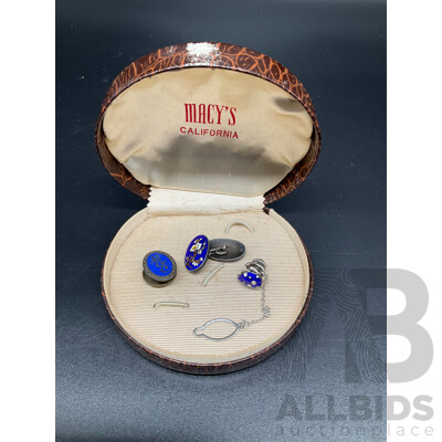 Japanese Cobalt Blue Sterling Silver and Enamel Cherry Blossom Cufflink, Ladybug Silver Tie Tack and EGC M&S Sterling Silver Cufflink - Lot of 3