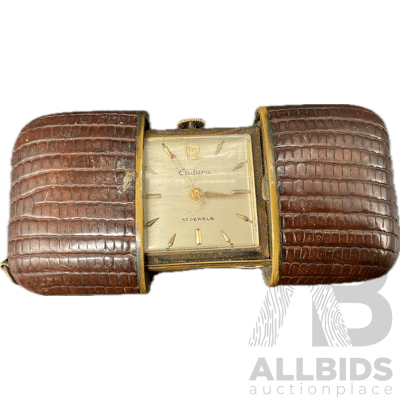 1950's ENDURA 17 Jewel Convertible Brown Skin Slide Style Purse Watch