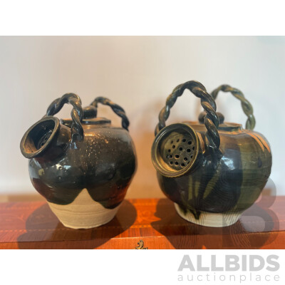 Roma Rubensohn (1927-2025)  - Two Decorative Studio Stoneware Crock Pots with Strainer 