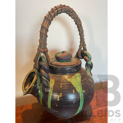 Roma Rubensohn (1927-2025)  - Decorative Studio Stoneware Crock Pot with Strainer and Cane Handle