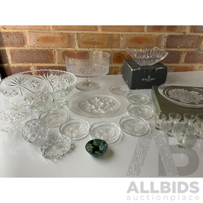 Collection of Bowls, Plates and Glasses - Including Waterford Crystal Lismore Bowl, HOYA Crystal,  Moss Agate Bowl and More  - Lot of 11