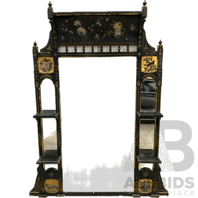 Ebonised and Gilt Handpainted Mantel Mirror with Shelves 