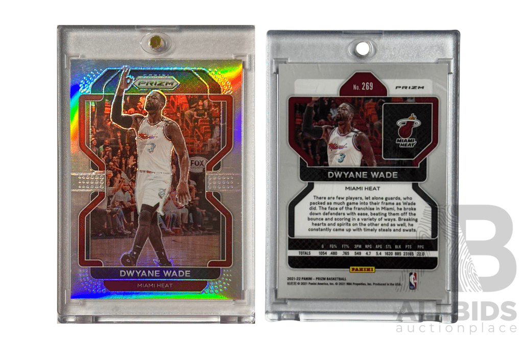 Shiny Silver Parallel Panini Prizm Card Of Miami Heat Legend Dwyane Wade.