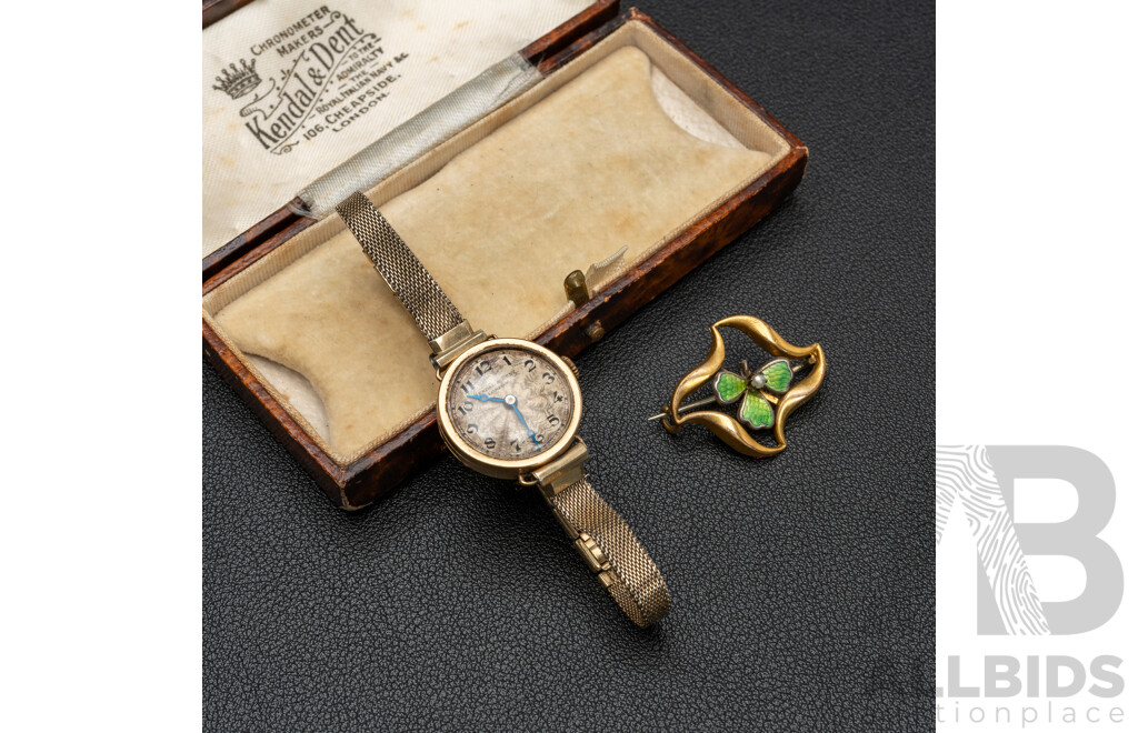 9ct Kendal & Dent London Antique Watch in Original Presentation Box with GF Enamel Vintage Clover Seed Pearl Brooch