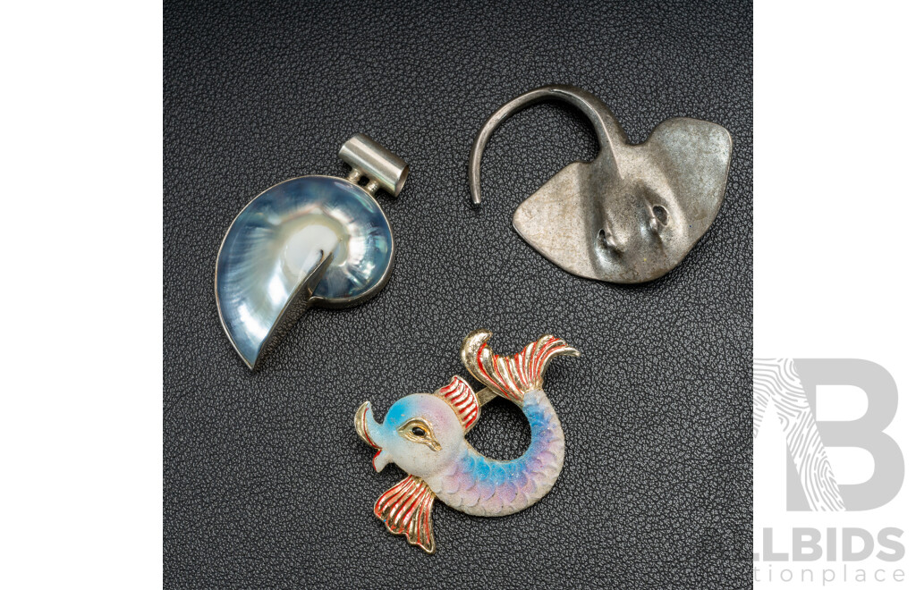 Vintage Pewter Stingray Brooch, Sterling Silver Nautilus Shell Pendant & Enamel Fish Brooch