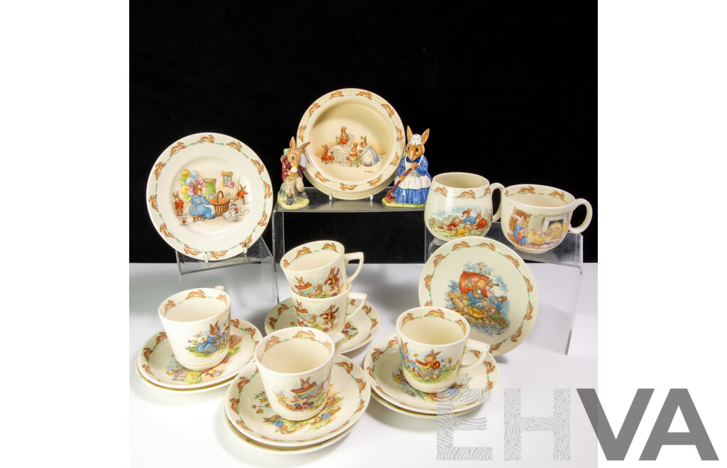 Great Collection Royal Doulton Porcelain Bunnykins Comprising Two Figures, Seven Cups, Eight Saucers, Two Plates, One Cereal Bowl