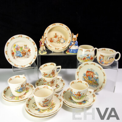 Great Collection Royal Doulton Porcelain Bunnykins Comprising Two Figures, Seven Cups, Eight Saucers, Two Plates, One Cereal Bowl