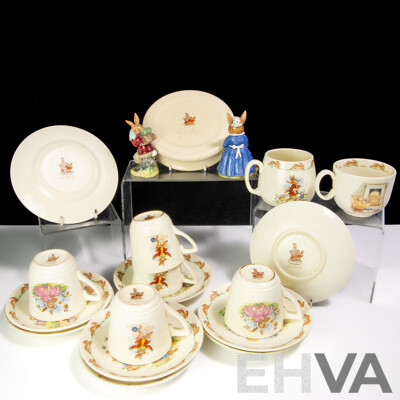 Great Collection Royal Doulton Porcelain Bunnykins Comprising Two Figures, Seven Cups, Eight Saucers, Two Plates, One Cereal Bowl