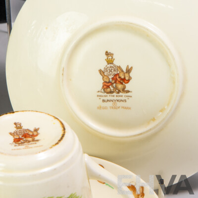 Great Collection Royal Doulton Porcelain Bunnykins Comprising Two Figures, Seven Cups, Eight Saucers, Two Plates, One Cereal Bowl