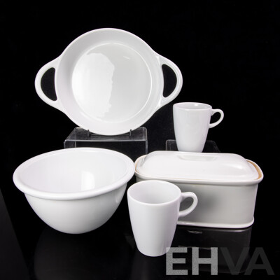 Collection French Pillivuyt Ceramic Items Comprising Lidded Terrine, Round Baking Dish, Bowl & Pair Coffee Mugs