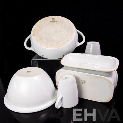 Collection French Pillivuyt Ceramic Items Comprising Lidded Terrine, Round Baking Dish, Bowl & Pair Coffee Mugs