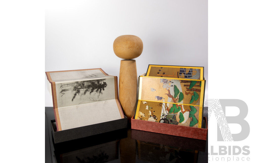 Vintage Large Japanese Wooden Kokeshi Doll Along with Three Boxed Miniature Japanese Screens in Original Boxes