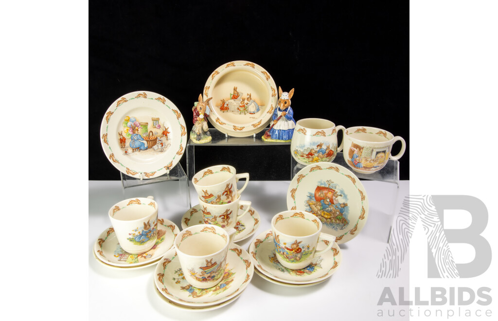 Great Collection Royal Doulton Porcelain Bunnykins Comprising Two Figures, Seven Cups, Eight Saucers, Two Plates, One Cereal Bowl