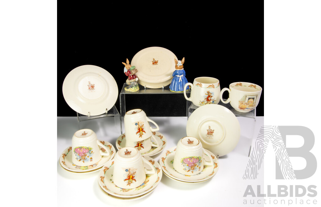 Great Collection Royal Doulton Porcelain Bunnykins Comprising Two Figures, Seven Cups, Eight Saucers, Two Plates, One Cereal Bowl
