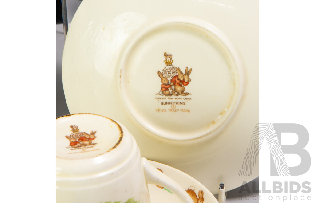 Great Collection Royal Doulton Porcelain Bunnykins Comprising Two Figures, Seven Cups, Eight Saucers, Two Plates, One Cereal Bowl