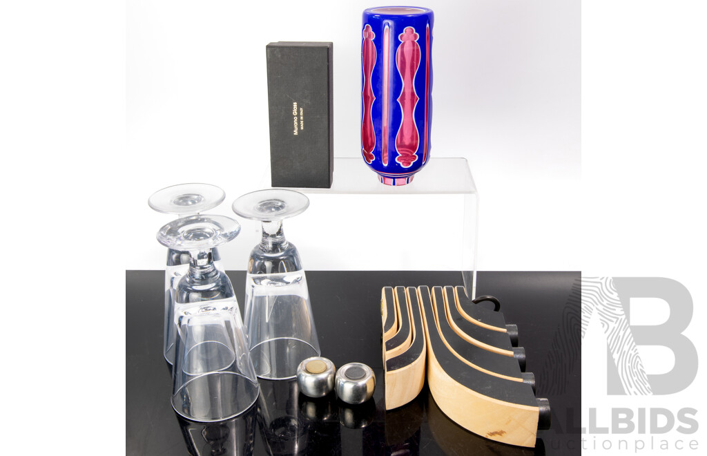 Mid Century Murano Glass Stopper in Original Box, Pair Georg Jensen S & P Shakers, Three Glass French Absinthe Glasses & Flashed Crystal Vase