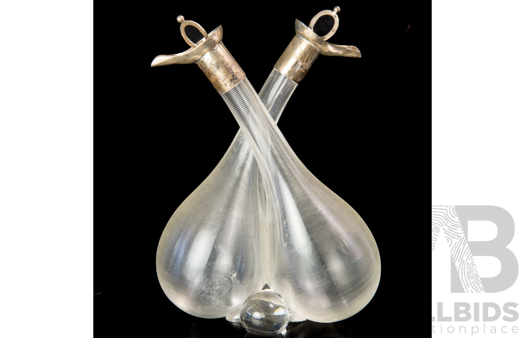 Antique Edwardian Joined Glass Vinegar Bottles with Sterling Silver Collars and Stoppers, Chester 1902