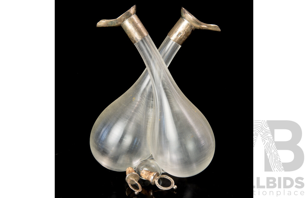 Antique Edwardian Joined Glass Vinegar Bottles with Sterling Silver Collars and Stoppers, Chester 1902