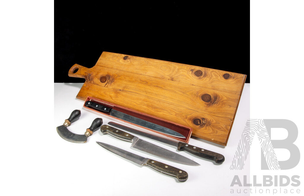 Collection of Chefs Knives Comprising Messermeister Sashimi Knife in Box, F Dick Chefs Knife and Boning Knife, Mezzaluna and Large Wooden Board