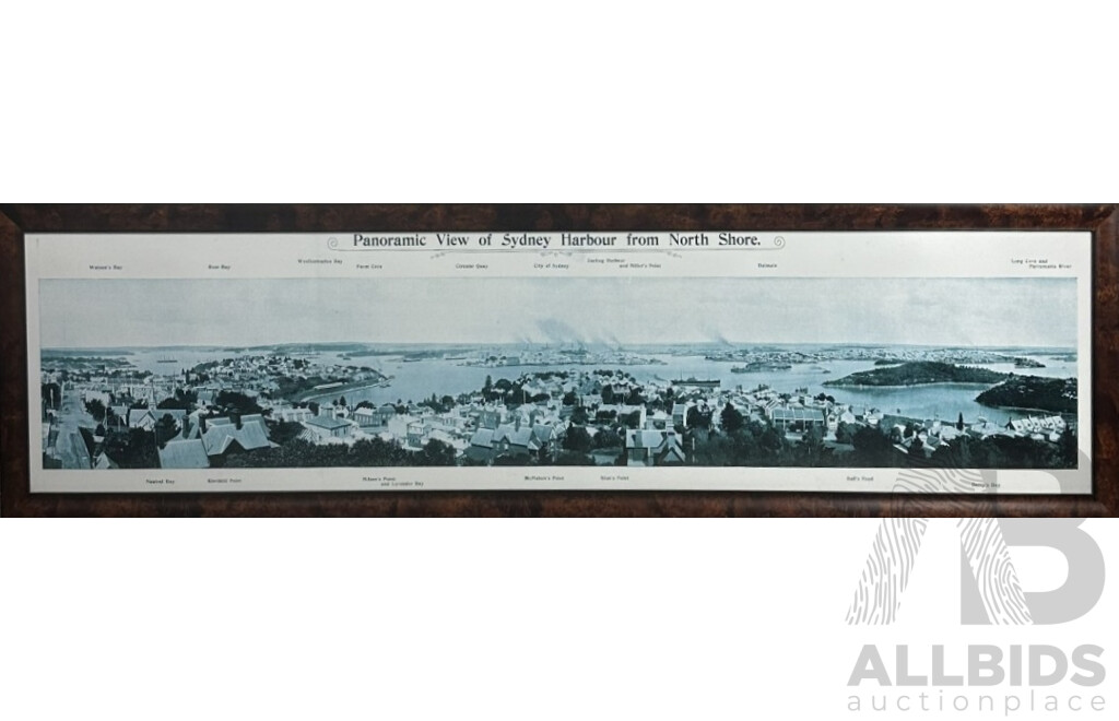 Panoramic View of Sydney Harbour From North Shore, Reproduction Framed Print From Original Published c1921, 54 x 207 cm (frame)