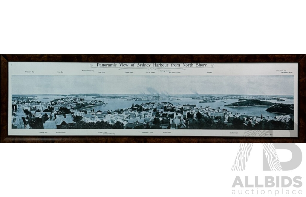 Panoramic View of Sydney Harbour From North Shore, Reproduction Framed Print From Original Published c1921, 54 x 207 cm (frame)