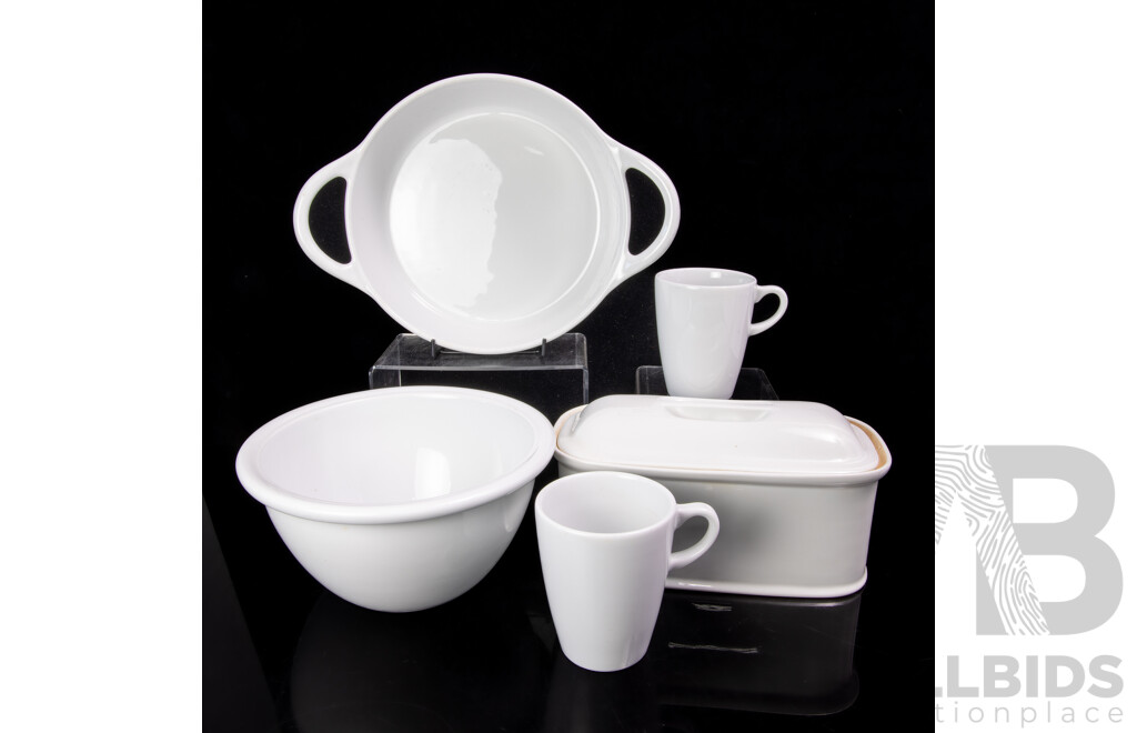 Collection French Pillivuyt Ceramic Items Comprising Lidded Terrine, Round Baking Dish, Bowl & Pair Coffee Mugs