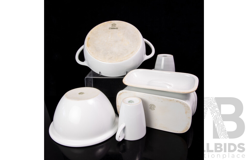 Collection French Pillivuyt Ceramic Items Comprising Lidded Terrine, Round Baking Dish, Bowl & Pair Coffee Mugs