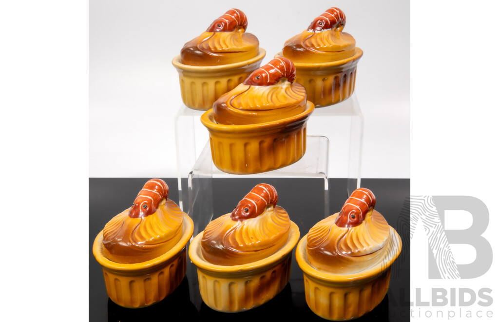 Set Six Vintage Japanese Showa Tojki Ceramic Lidded Prawn Custard Dishes
