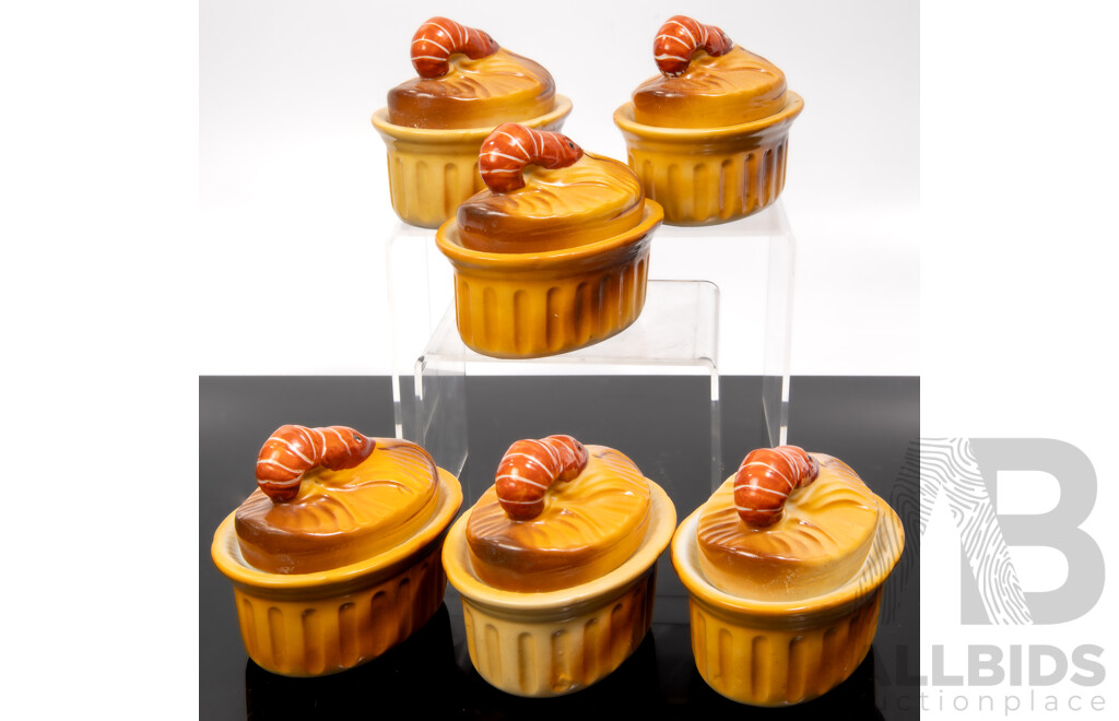 Set Six Vintage Japanese Showa Tojki Ceramic Lidded Prawn Custard Dishes