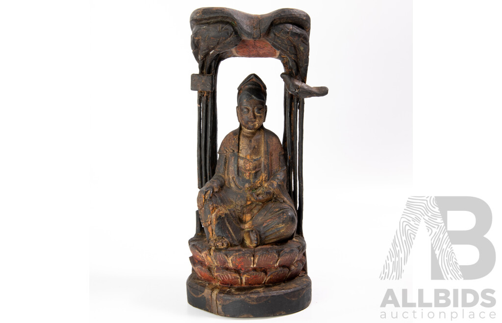Vintage Wooden Hand Carved Statue of Guanyin, Losses