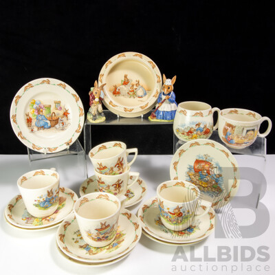 Great Collection Royal Doulton Porcelain Bunnykins Comprising Two Figures, Seven Cups, Eight Saucers, Two Plates, One Cereal Bowl