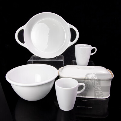 Collection French Pillivuyt Ceramic Items Comprising Lidded Terrine, Round Baking Dish, Bowl & Pair Coffee Mugs