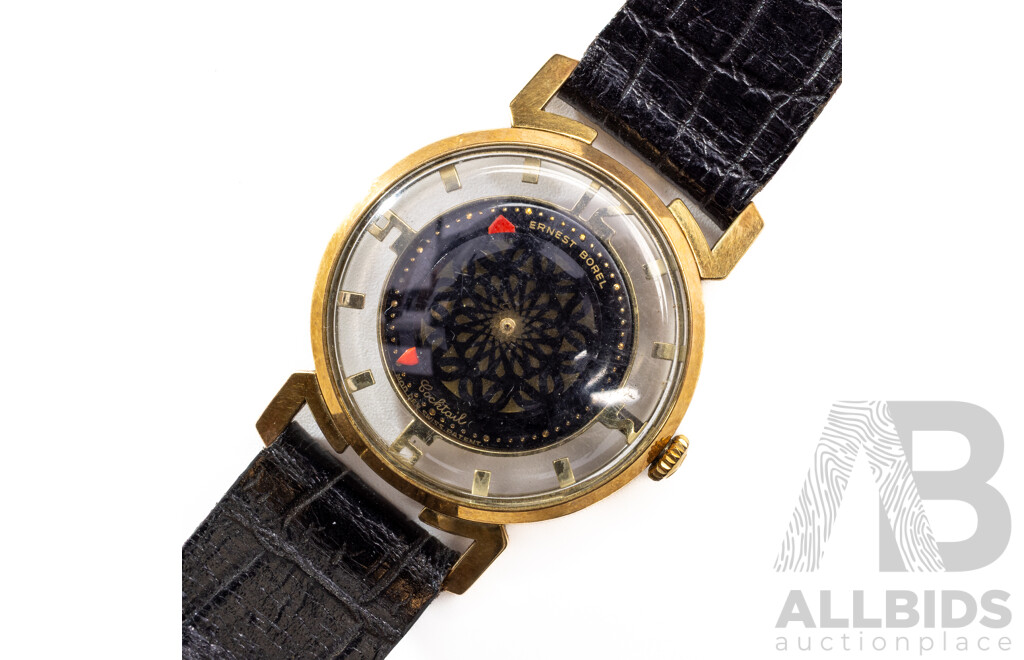 Ernest Borel Cocktail 17 Jewels Black Kaleidoscope Skeleton Watch, Vintage C.1955, Mod Def Swiss Patent