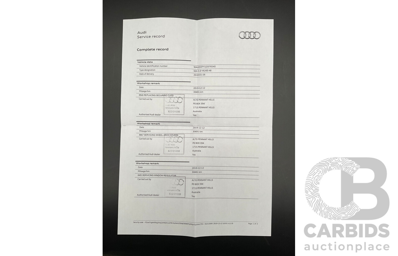 01/2018 Audi SQ5 3.0 TFSI Quattro (AWD) FY MY18 4d Wagon Ibis White Turbo V6 3.0L