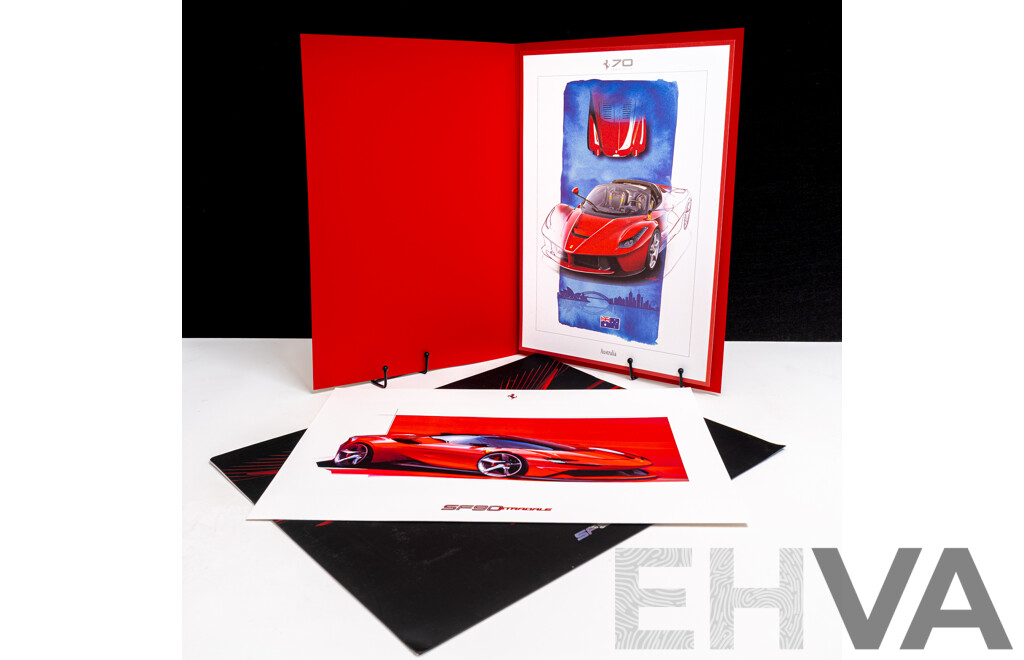 Two Ferrari Sketch Prints on Card in Display Folders