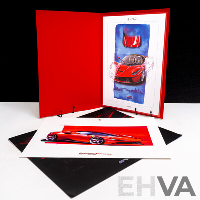 Two Ferrari Sketch Prints on Card in Display Folders