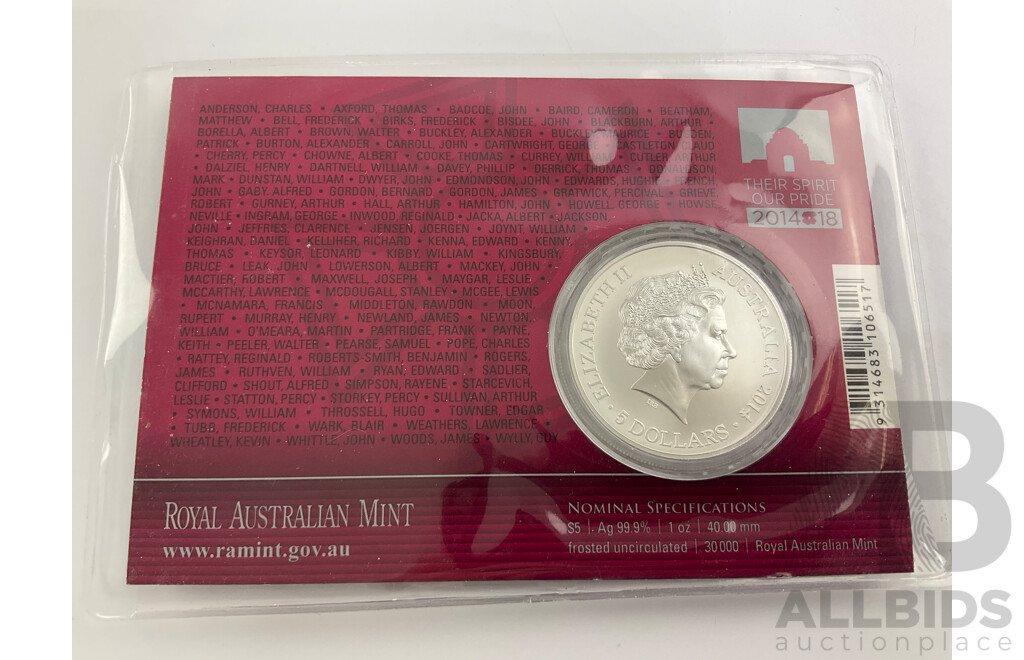 Australian 2014 RAM $5 Coin Victoria Cross. One Ounce Fine 99.9 Silver, 40mm.