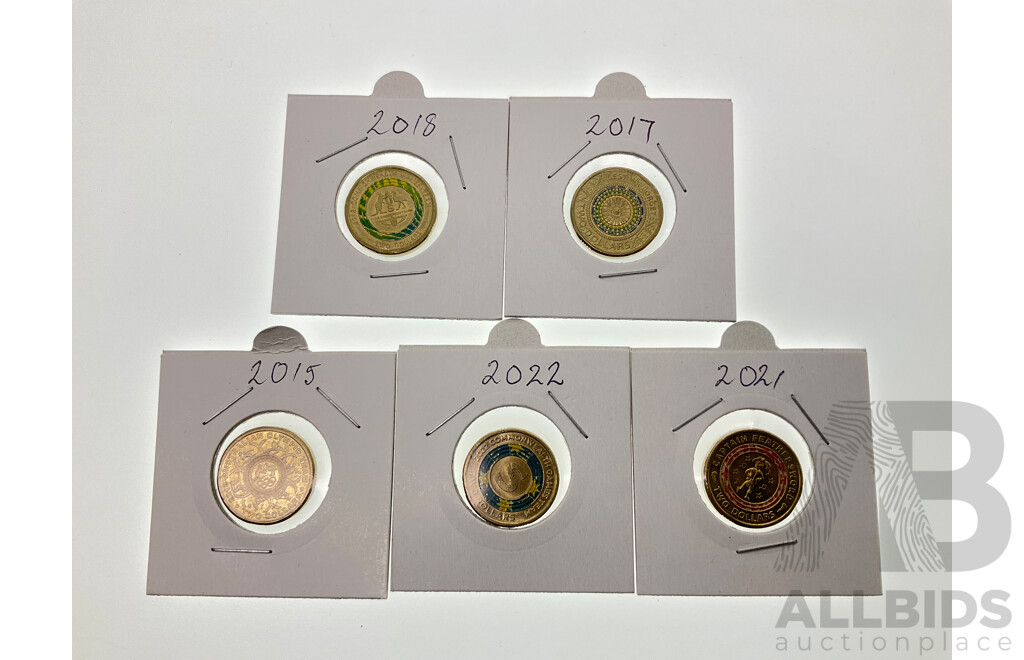 Five Australian Uncirculated 2015-2022 Commemorative Two Dollar Coins