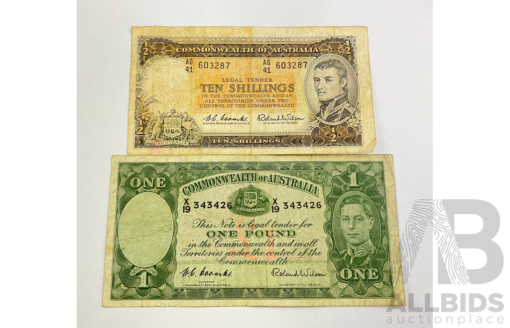 Australian Coombs and Wilson 1961 Ten Shilling and 1952 One Pound Notes