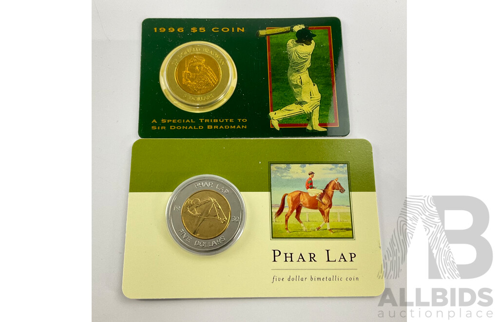 Australian 1996 Bradman, 2000 Phar Lap $5 Coins