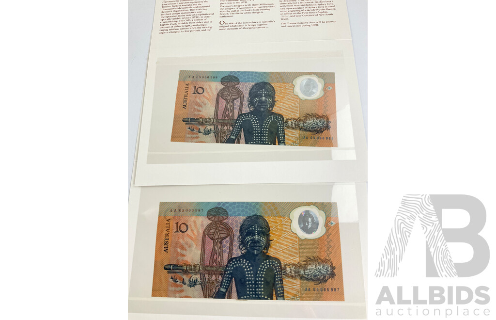 Australian 1988 Two consecutive commemorative $10 notes, AA 05066988/9. Renniks A01. 