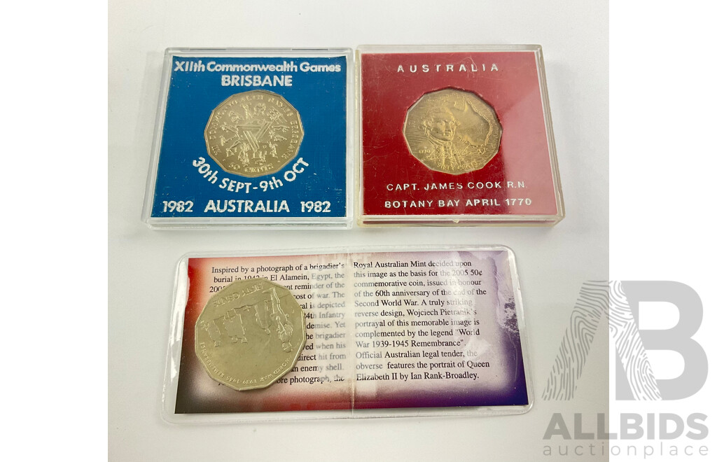 Australian 1970, 1982, 2005 Uncirculated 50c Coins